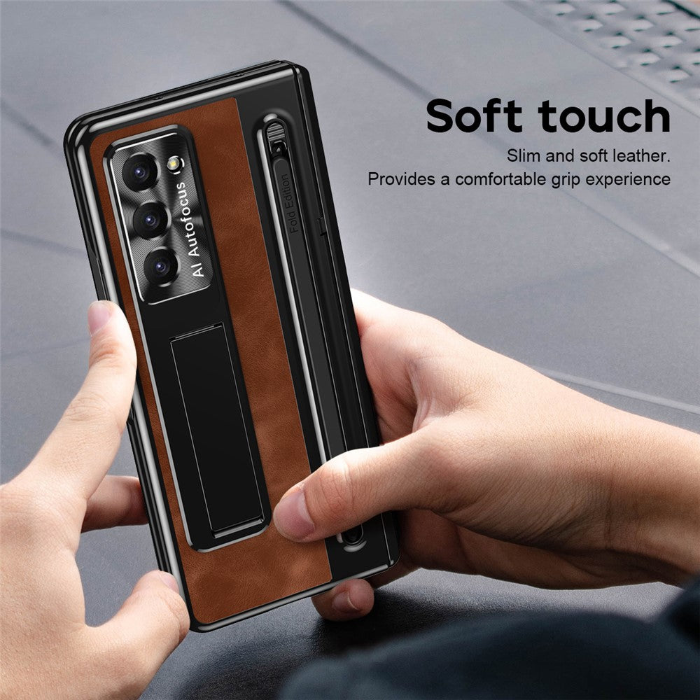 For Samsung Galaxy Z Fold5 5G Case Leather+PC Phone Cover with Tempered Glass Film and Stylus Pen
