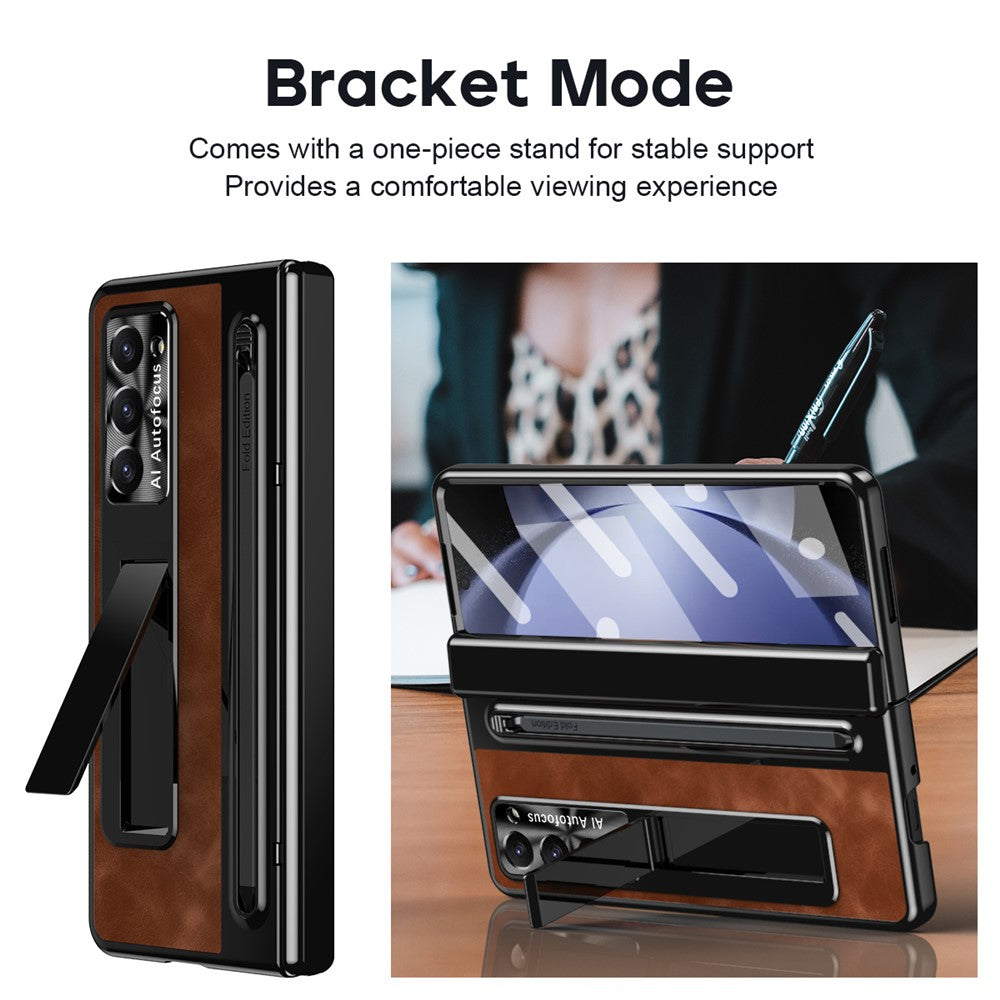 For Samsung Galaxy Z Fold5 5G Case Leather+PC Phone Cover with Tempered Glass Film and Stylus Pen