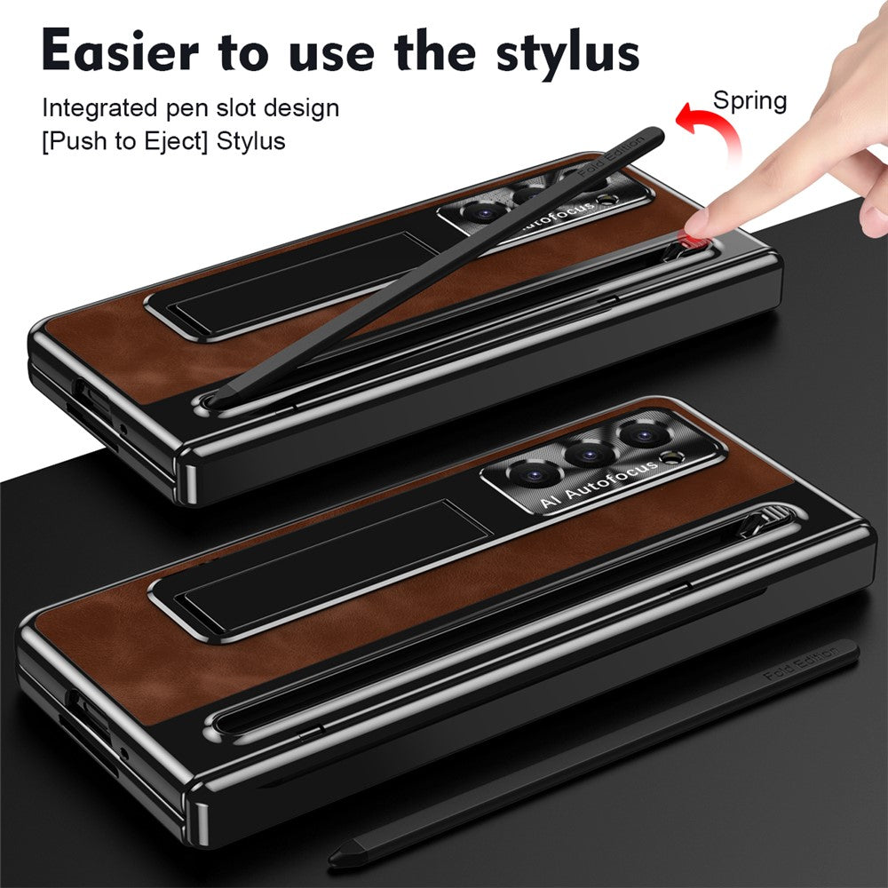 For Samsung Galaxy Z Fold5 5G Case Leather+PC Phone Cover with Tempered Glass Film and Stylus Pen