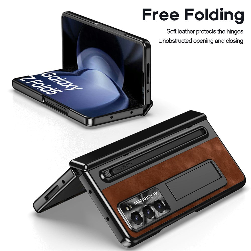 For Samsung Galaxy Z Fold5 5G Case Leather+PC Phone Cover with Tempered Glass Film and Stylus Pen