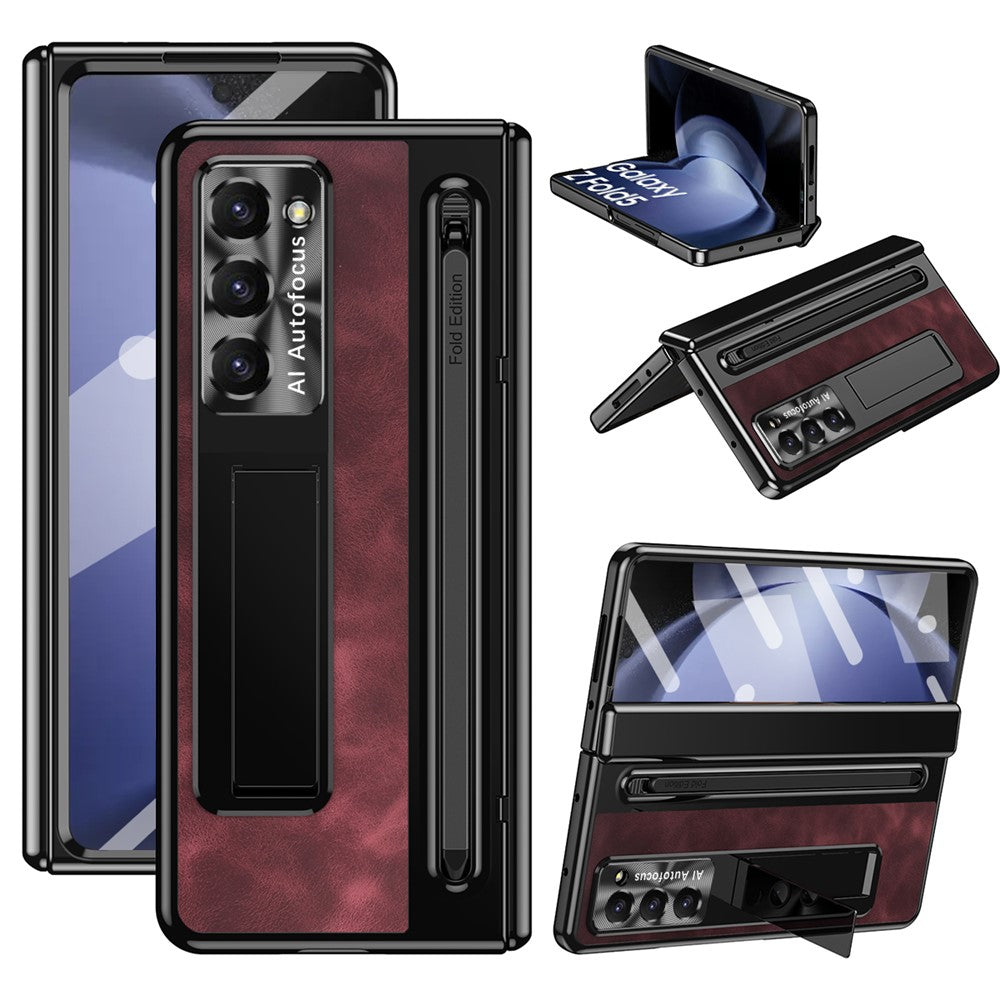 For Samsung Galaxy Z Fold5 5G Case Leather+PC Phone Cover with Tempered Glass Film and Stylus Pen