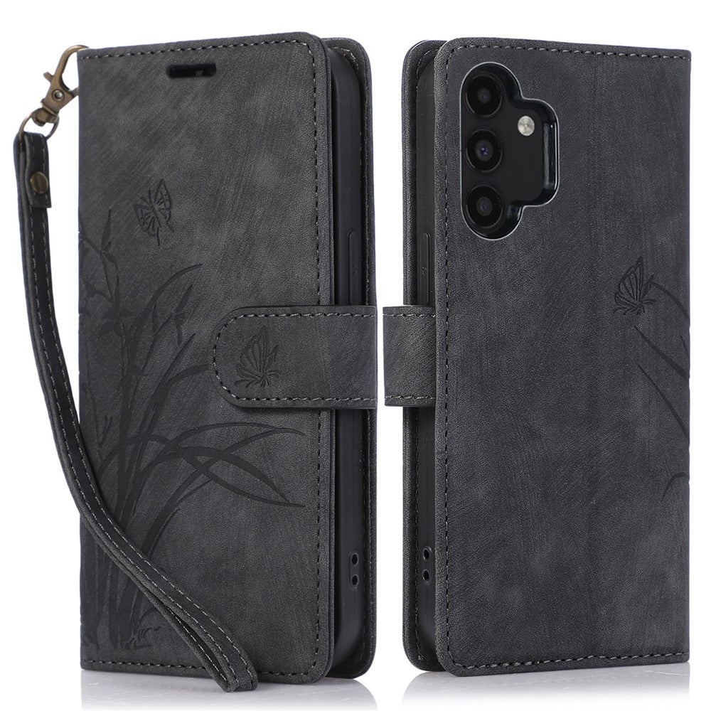Til Samsung Galaxy A13 4G / 5G Orchid Butterfly Læderpung Etui med Rem