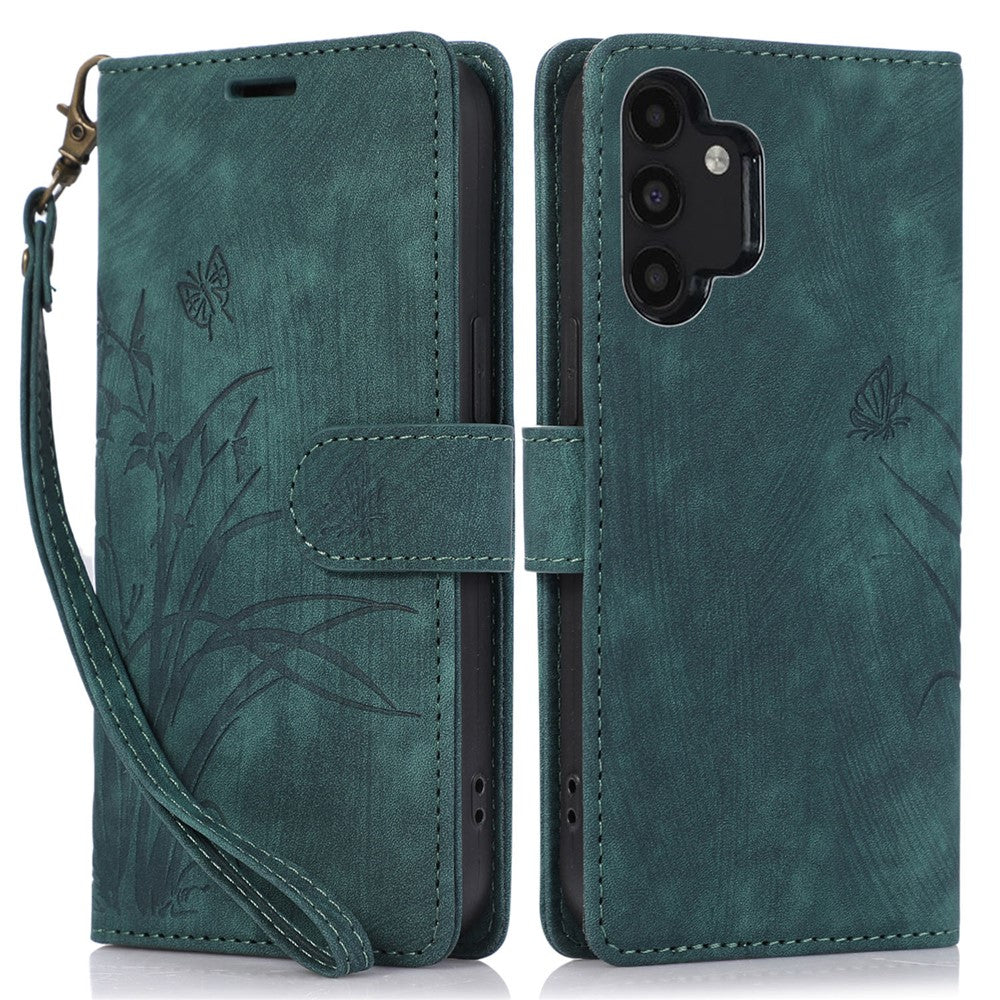 Til Samsung Galaxy A13 4G / 5G Orchid Butterfly Læderpung Etui med Rem