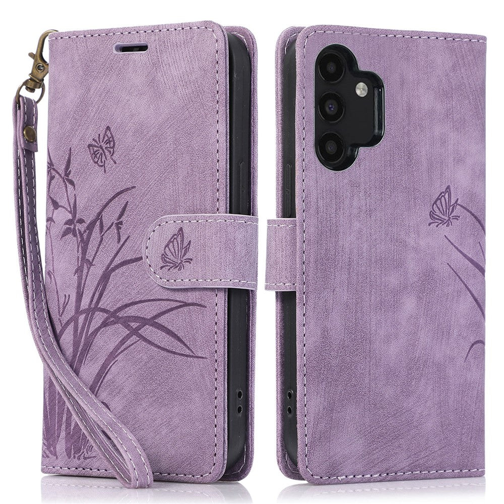 Til Samsung Galaxy A13 4G / 5G Orchid Butterfly Læderpung Etui med Rem