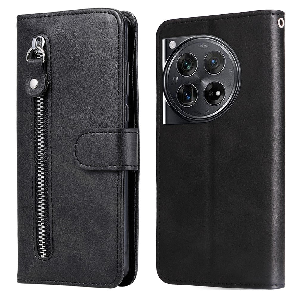 Til OnePlus 12 5G Cover med Lynlåslomme, Kortholder og Stander, Kalveskindtekstur, Telefonlædercover