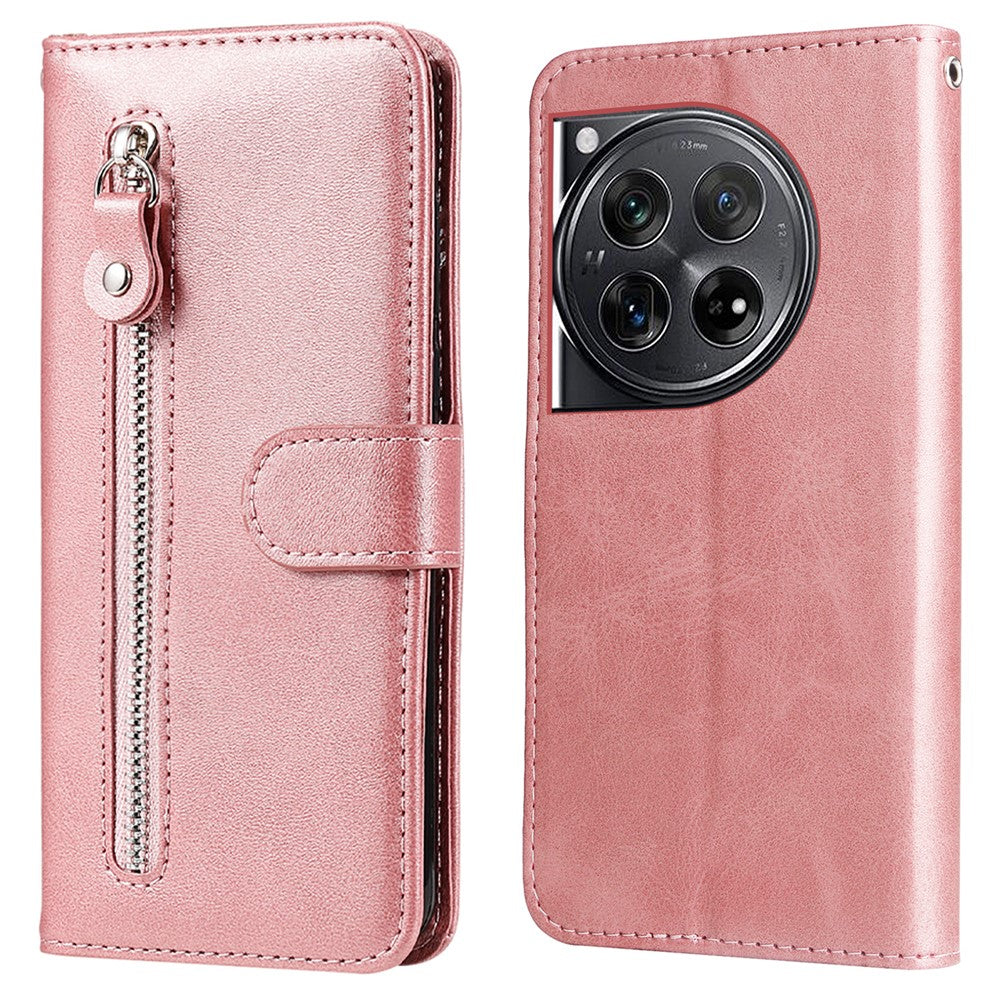 Til OnePlus 12 5G Cover med Lynlåslomme, Kortholder og Stander, Kalveskindtekstur, Telefonlædercover