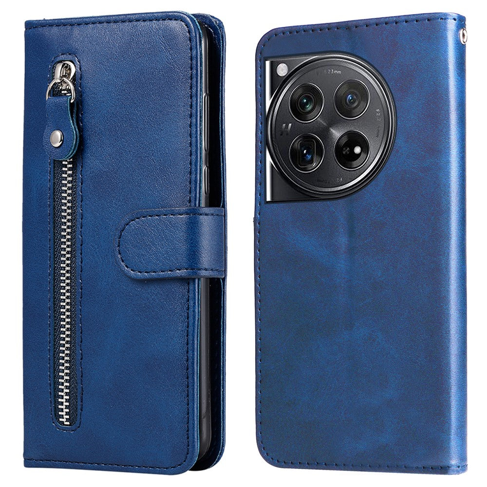 Til OnePlus 12 5G Cover med Lynlåslomme, Kortholder og Stander, Kalveskindtekstur, Telefonlædercover