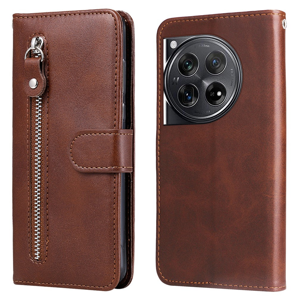 Til OnePlus 12 5G Cover med Lynlåslomme, Kortholder og Stander, Kalveskindtekstur, Telefonlædercover