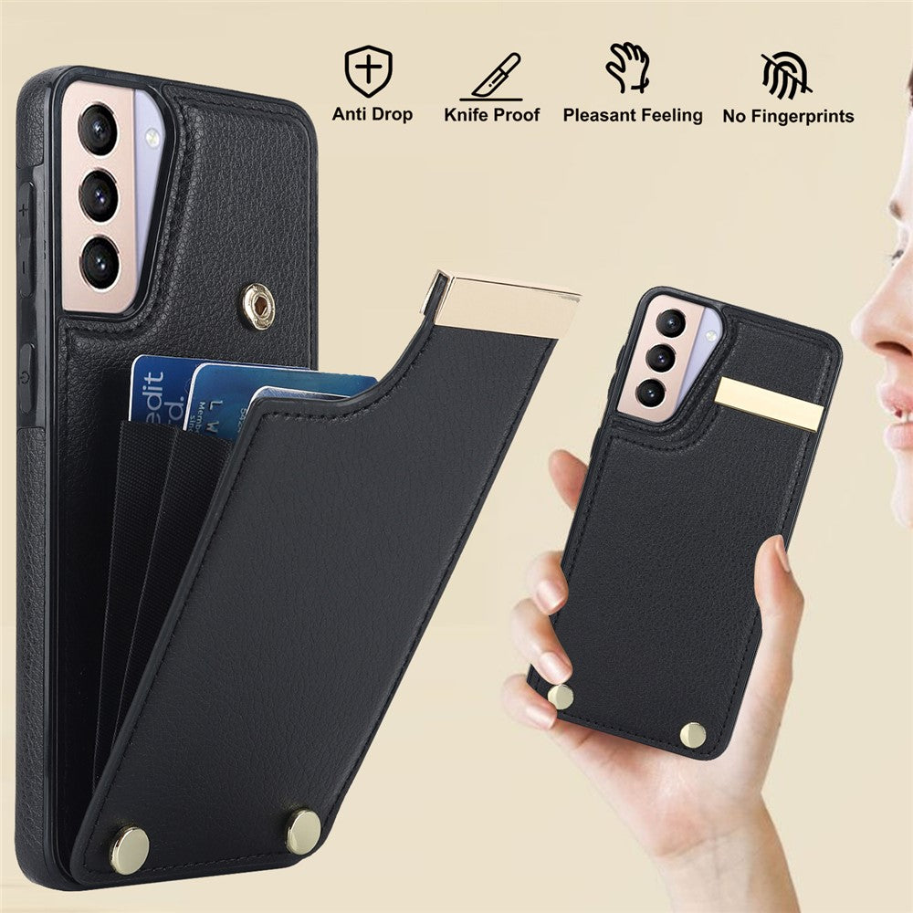 Samsung Galaxy S21 5G / S21 4G-skal med korthållare, TPU+läder, bakstycke med metalldekor