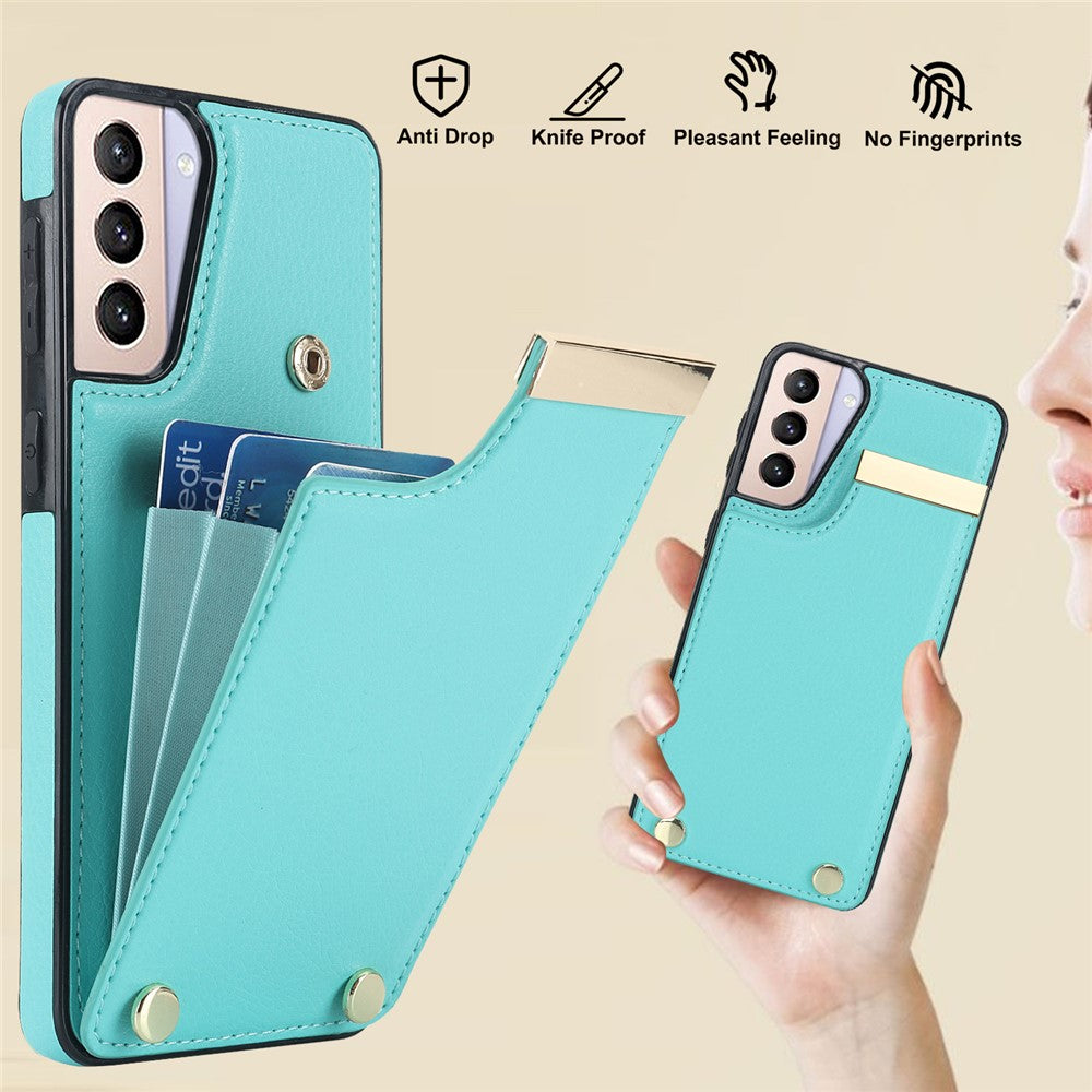 For Samsung Galaxy S21+ 5G Cover Metal Decor TPU+Leather Card Holder Anti-scratch Cell Phone Case