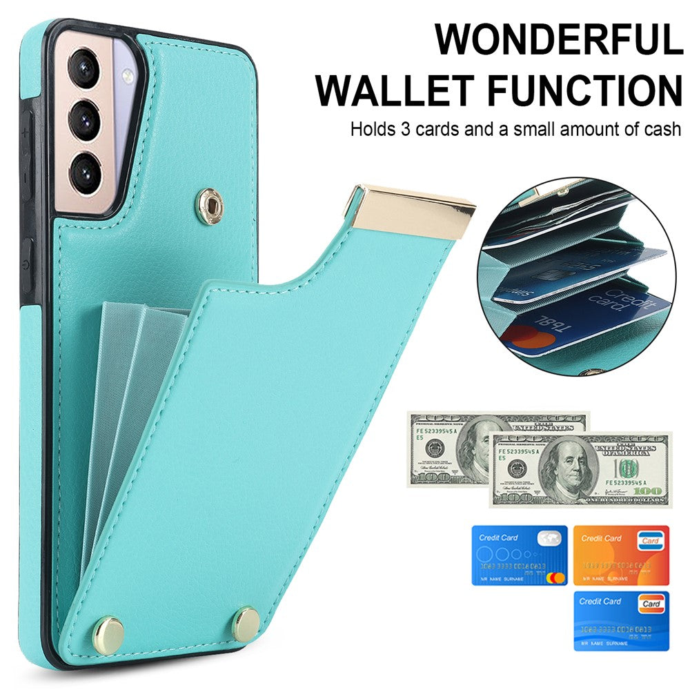 For Samsung Galaxy S21+ 5G Cover Metal Decor TPU+Leather Card Holder Anti-scratch Cell Phone Case