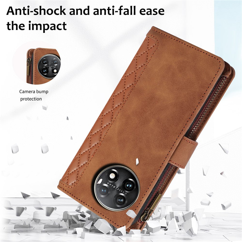 Läderfodral till OnePlus 11 5G Shell Rhombus Imprint Blixtlåsficka mobilfodral med Handrem