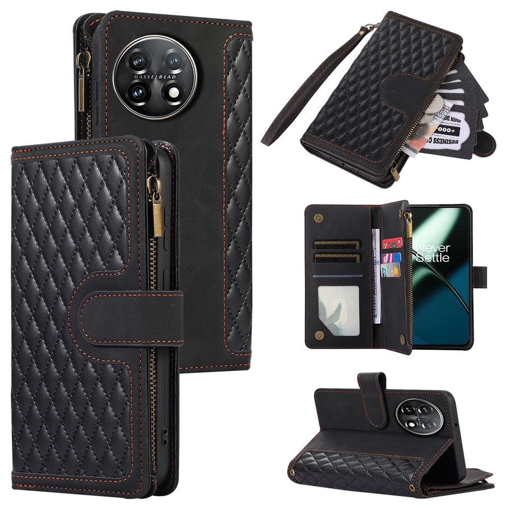 Läderfodral till OnePlus 11 5G Shell Rhombus Imprint Blixtlåsficka mobilfodral med Handrem