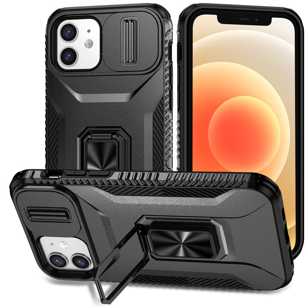 Anti-fald telefoncover til iPhone 12 6,1 tommer / 12 Pro 6,1 tommer skal Rotér støttefod Skydelinselåg