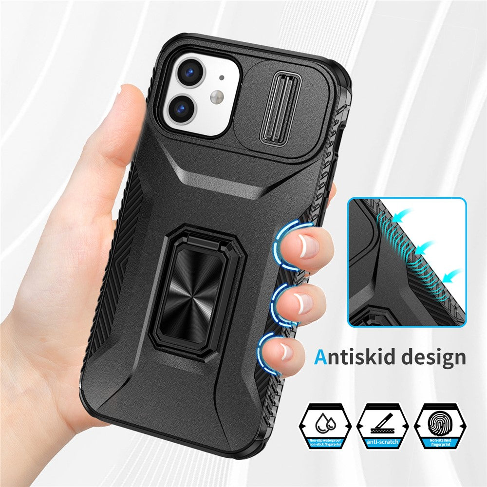 Anti-fald telefoncover til iPhone 12 6,1 tommer / 12 Pro 6,1 tommer skal Rotér støttefod Skydelinselåg