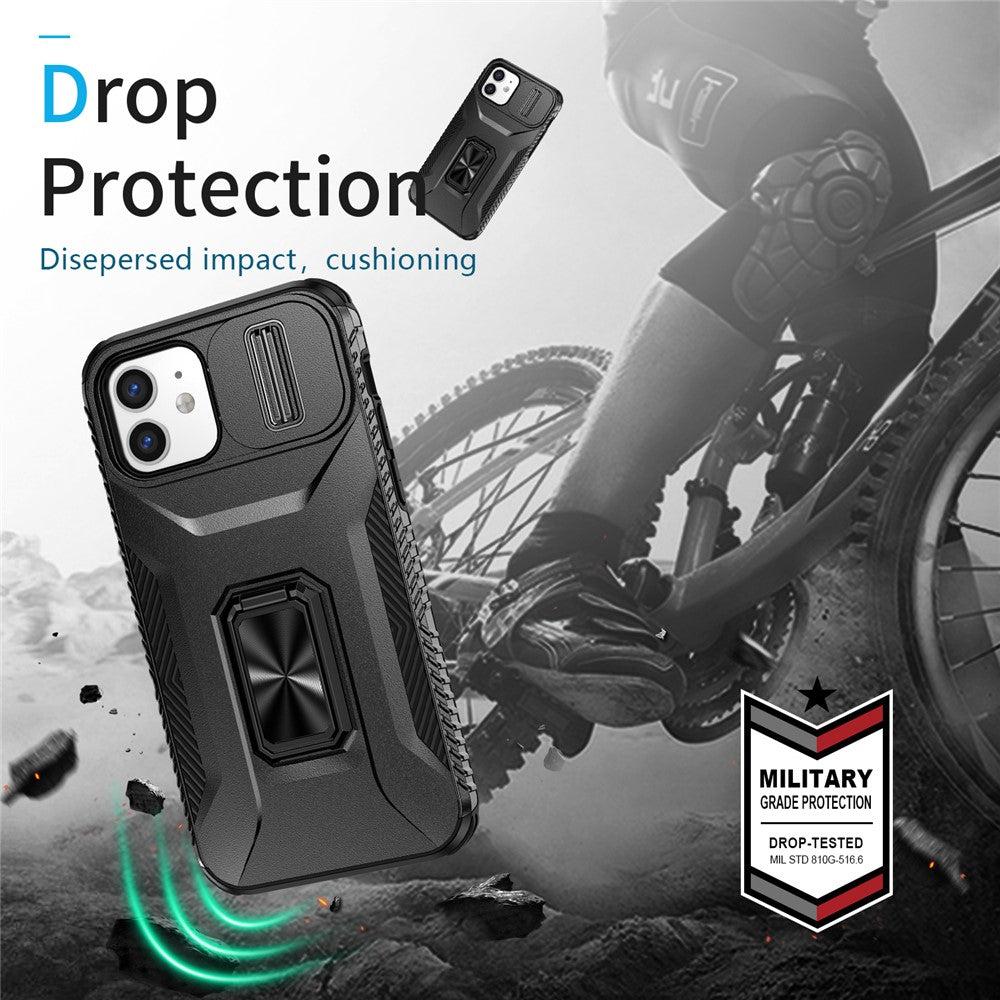 Anti-fald telefoncover til iPhone 12 6,1 tommer / 12 Pro 6,1 tommer skal Rotér støttefod Skydelinselåg
