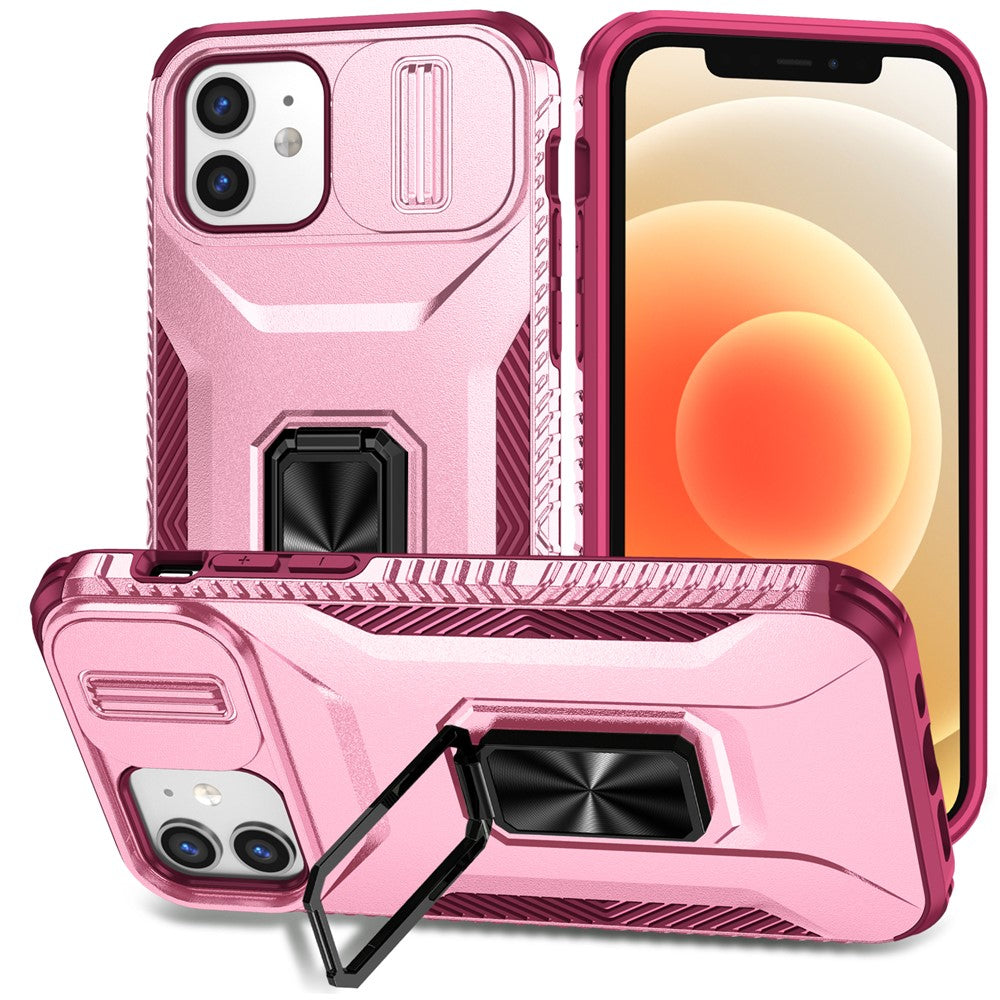Anti-fald telefoncover til iPhone 12 6,1 tommer / 12 Pro 6,1 tommer skal Rotér støttefod Skydelinselåg