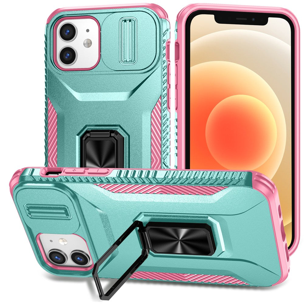 Anti-fald telefoncover til iPhone 12 6,1 tommer / 12 Pro 6,1 tommer skal Rotér støttefod Skydelinselåg