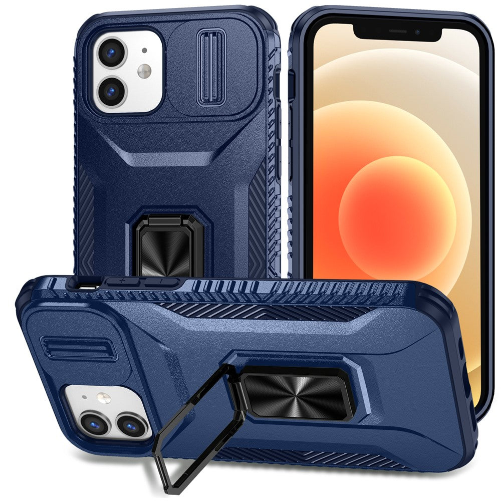 Anti-fald telefoncover til iPhone 12 6,1 tommer / 12 Pro 6,1 tommer skal Rotér støttefod Skydelinselåg