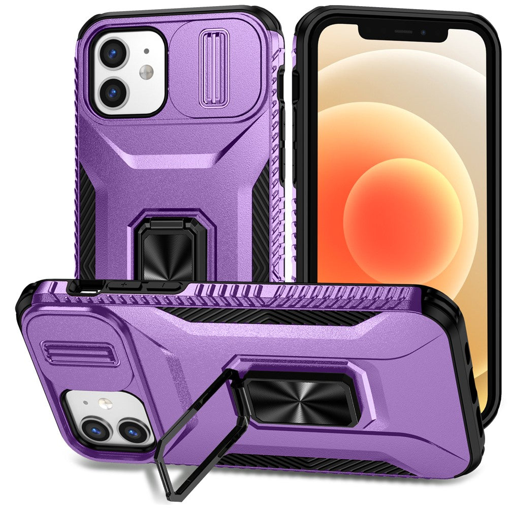 Anti-fald telefoncover til iPhone 12 6,1 tommer / 12 Pro 6,1 tommer skal Rotér støttefod Skydelinselåg