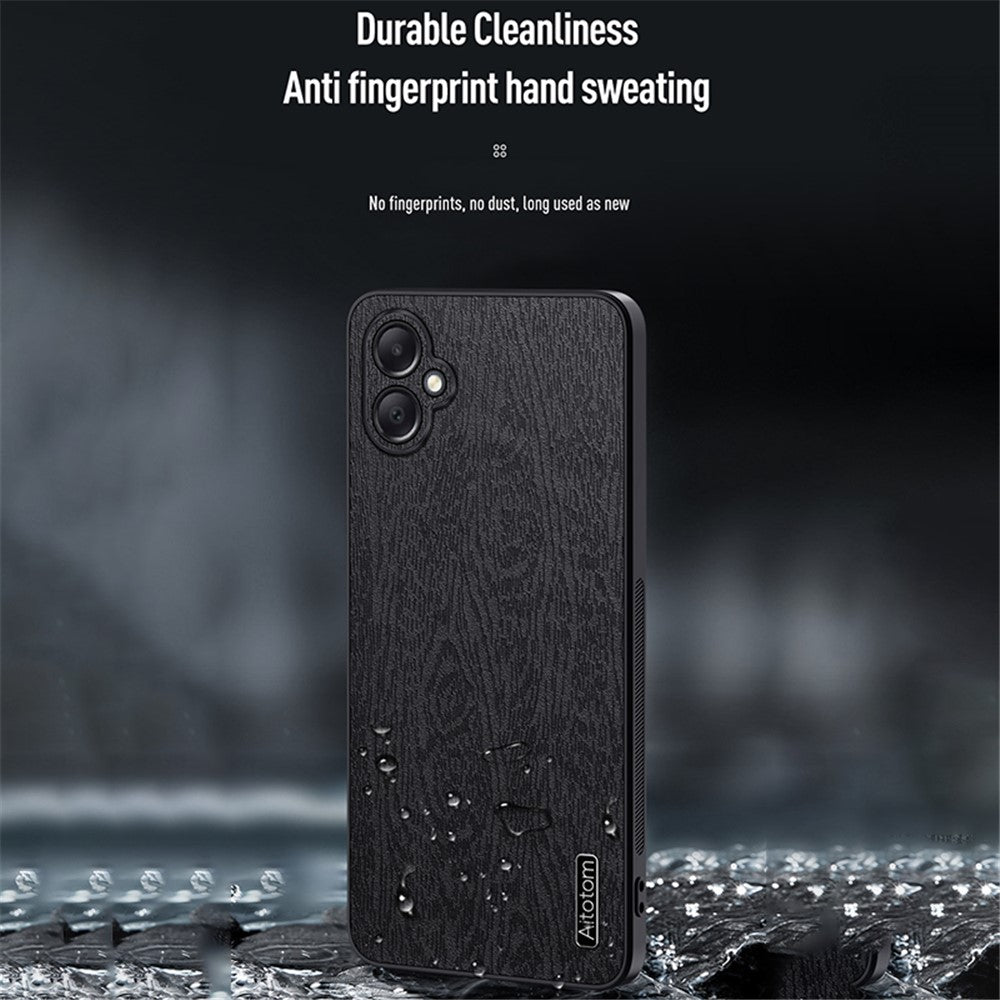 Til Samsung Galaxy A05 4G Mobiltelefonbagcover i PU-læder med træstruktur og PC+TPU