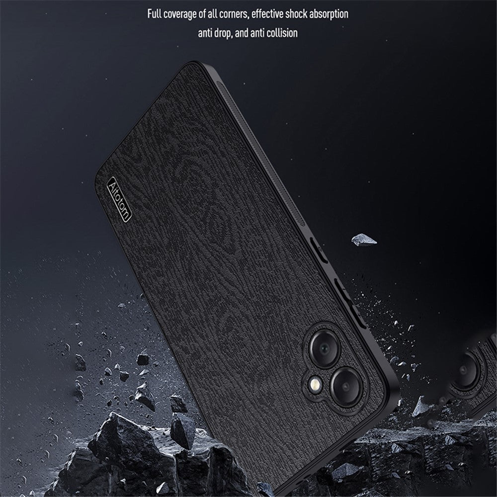 Til Samsung Galaxy A05 4G Mobiltelefonbagcover i PU-læder med træstruktur og PC+TPU