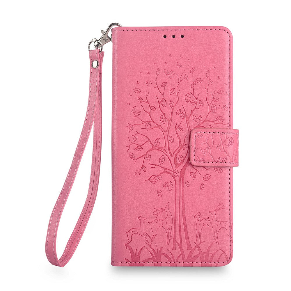 For Samsung Galaxy A25 5G (Global) (161.0 x 76.5 x 8.3mm) Case Imprinted Deer Tree Pattern 3 Card Slots Phone Protector with Hand Strap