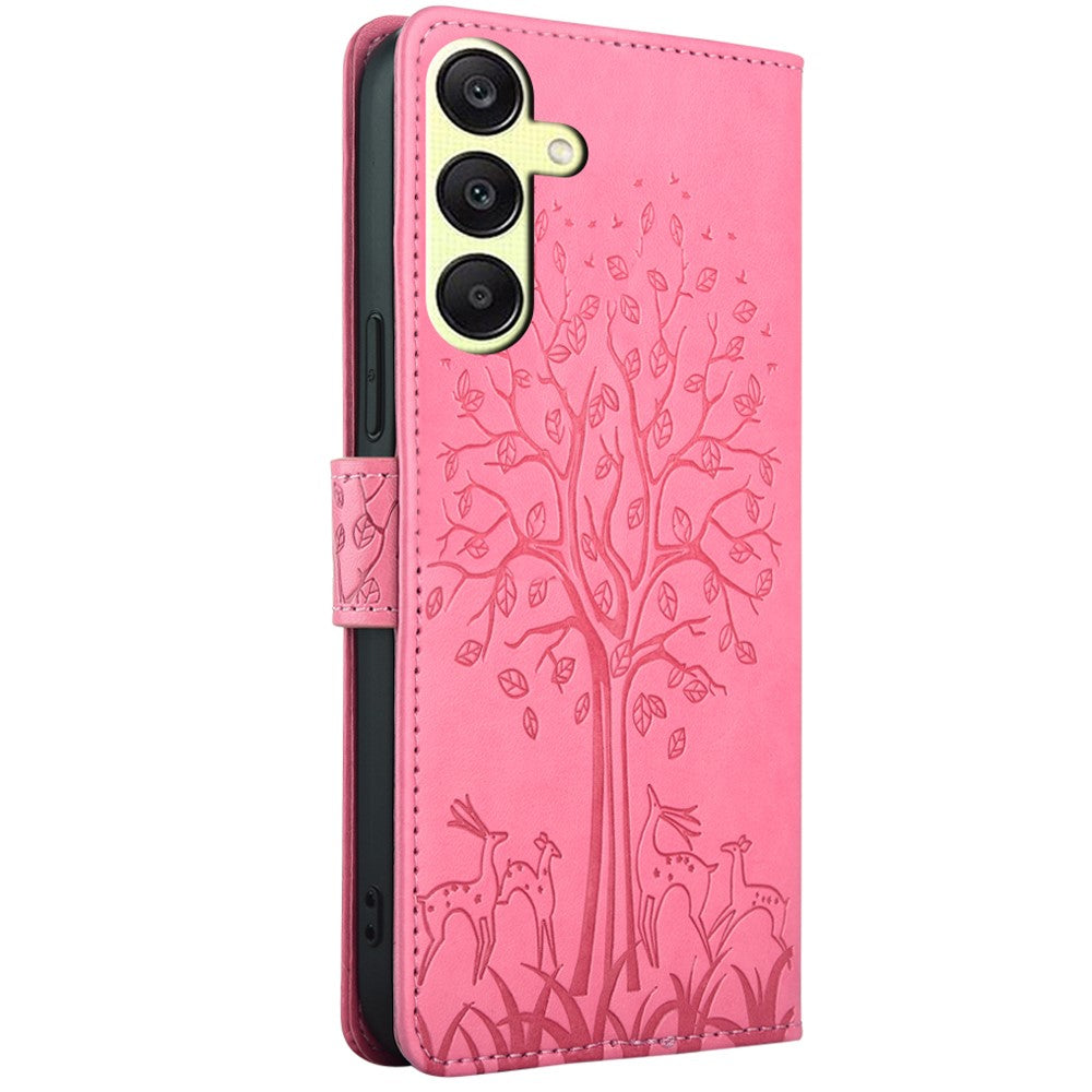 For Samsung Galaxy A25 5G (Global) (161.0 x 76.5 x 8.3mm) Case Imprinted Deer Tree Pattern 3 Card Slots Phone Protector with Hand Strap