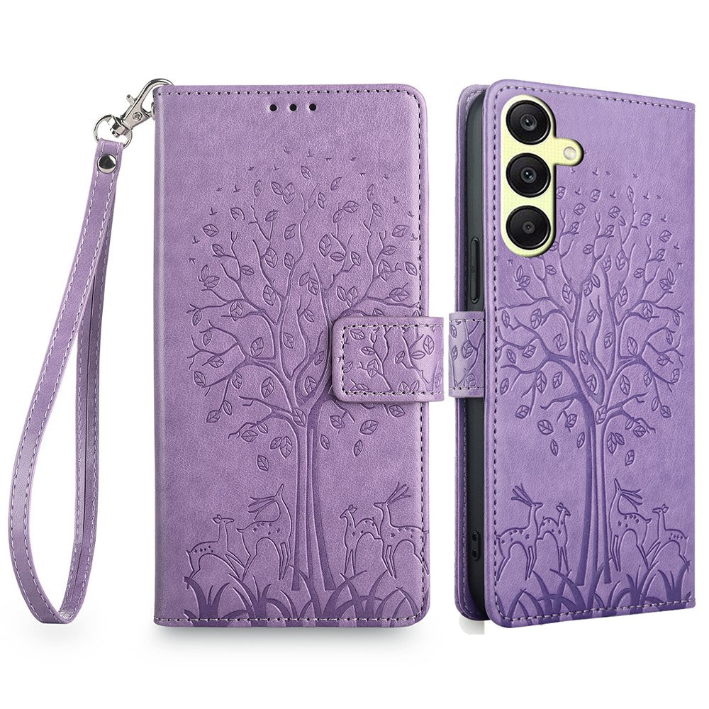 For Samsung Galaxy A25 5G (Global) (161.0 x 76.5 x 8.3mm) Case Imprinted Deer Tree Pattern 3 Card Slots Phone Protector with Hand Strap