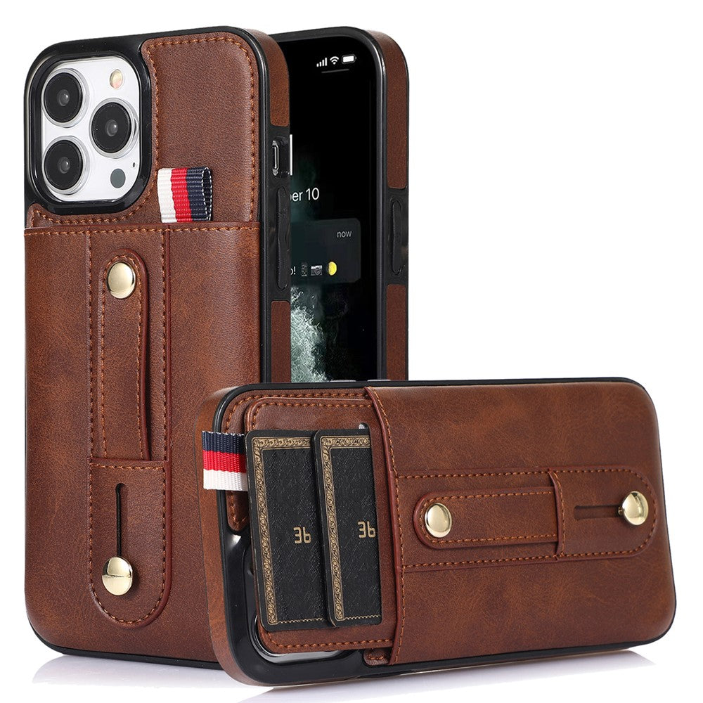 Til iPhone 12 / 12 Pro 6.1 tommer mobiltelefonetui Retro PU-læder+TPU-cover med udtrækkelig remstøtte