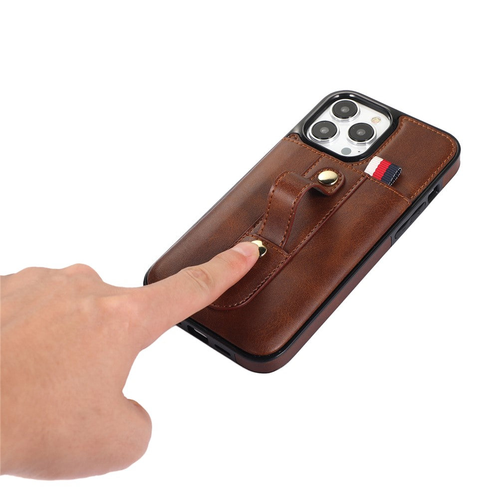 Til iPhone 12 / 12 Pro 6.1 tommer mobiltelefonetui Retro PU-læder+TPU-cover med udtrækkelig remstøtte
