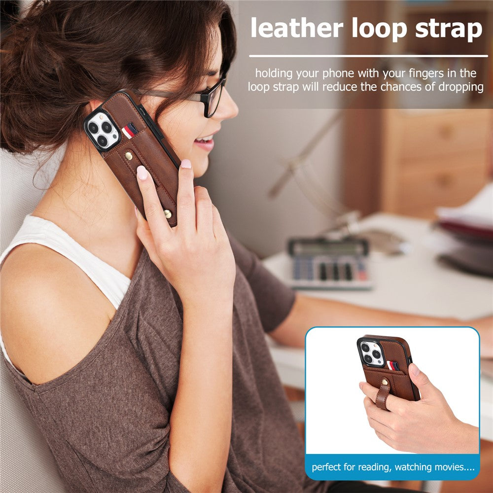 Til iPhone 12 / 12 Pro 6.1 tommer mobiltelefonetui Retro PU-læder+TPU-cover med udtrækkelig remstøtte