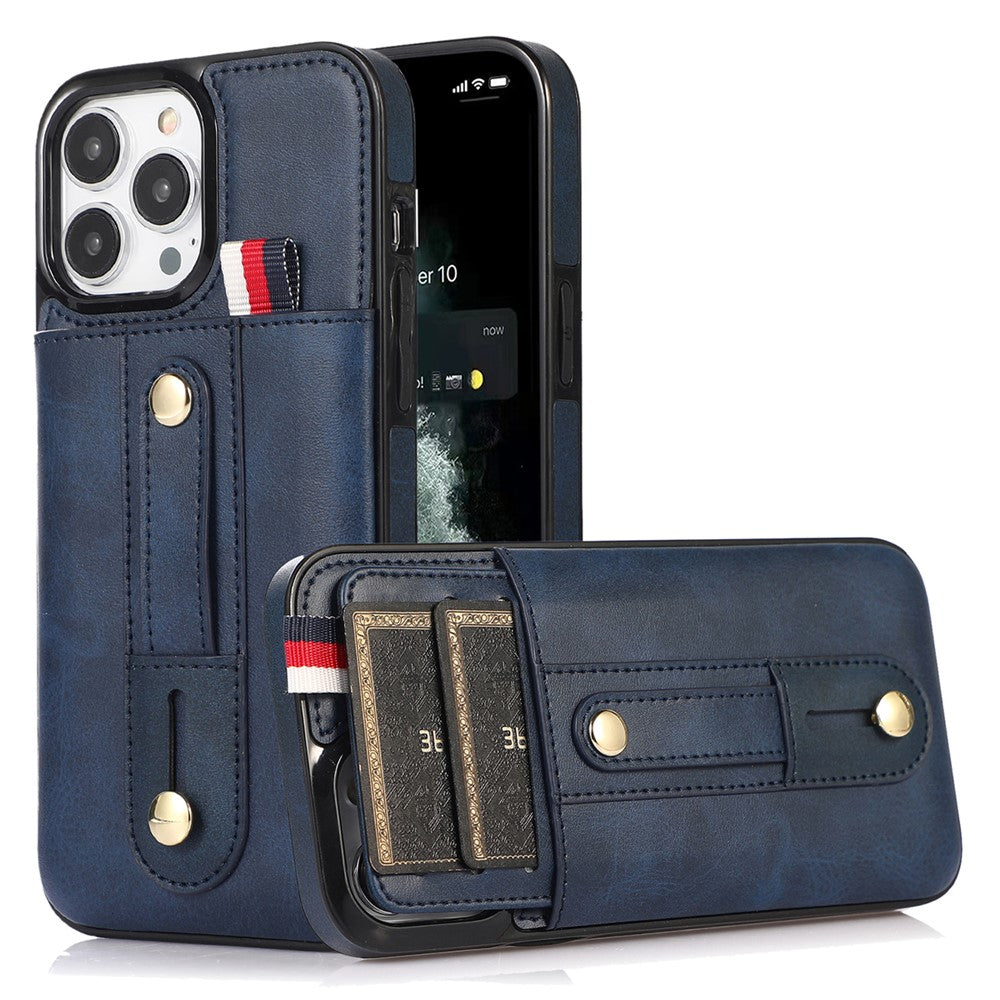 Til iPhone 12 / 12 Pro 6.1 tommer mobiltelefonetui Retro PU-læder+TPU-cover med udtrækkelig remstøtte