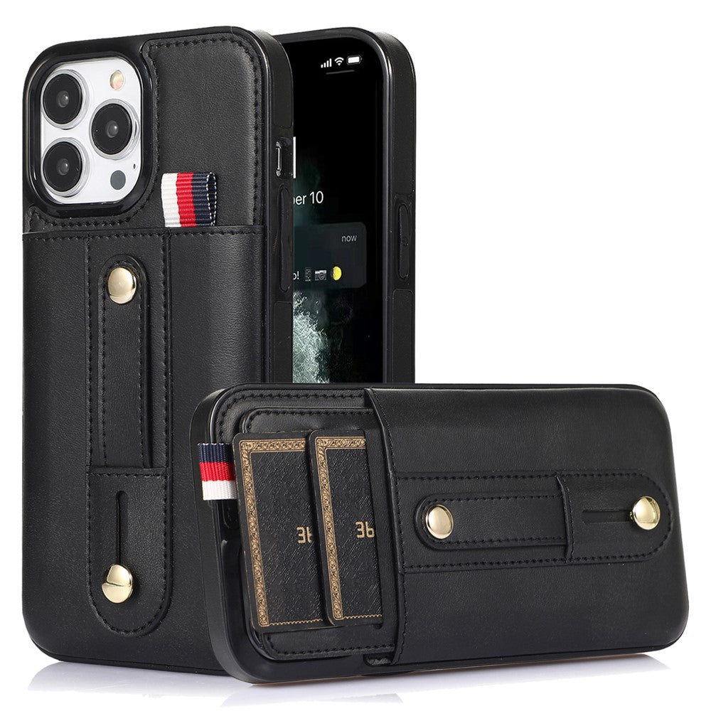 Til iPhone 12 / 12 Pro 6.1 tommer mobiltelefonetui Retro PU-læder+TPU-cover med udtrækkelig remstøtte