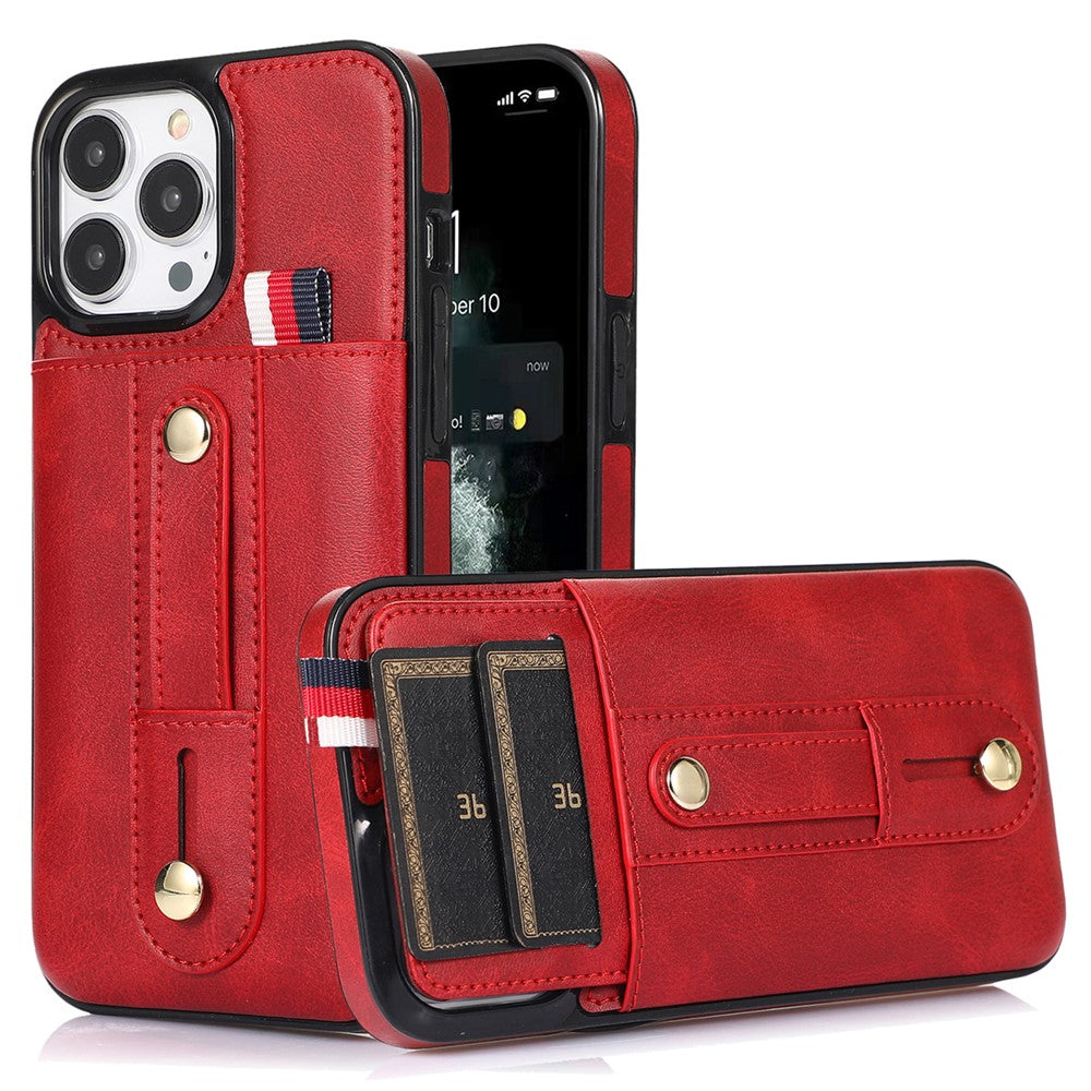 Til iPhone 12 / 12 Pro 6.1 tommer mobiltelefonetui Retro PU-læder+TPU-cover med udtrækkelig remstøtte