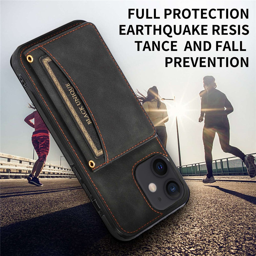 For iPhone 12 mini 5.4 inch Case Magnetic Button Tri-fold Wallet Kickstand PU Leather Coated TPU Cover