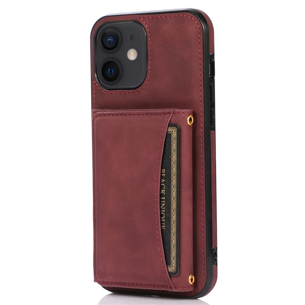 For iPhone 12 mini 5.4 inch Case Magnetic Button Tri-fold Wallet Kickstand PU Leather Coated TPU Cover