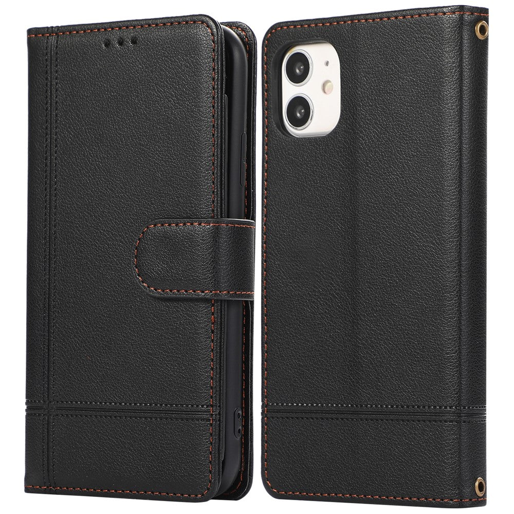 For iPhone 11 Cell Phone Case Lines Imprinted Built-in Mirror Anti-drop Leather Cover with 2 Straps