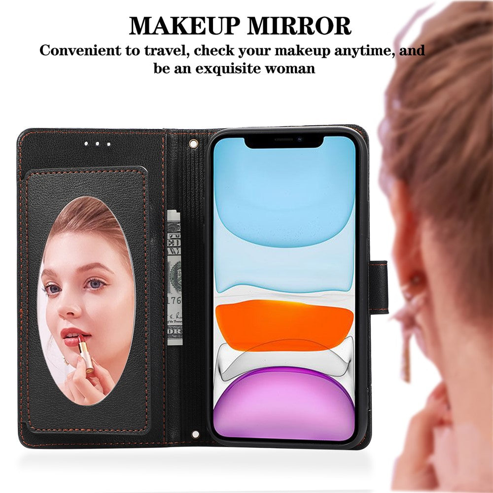 For iPhone 11 Cell Phone Case Lines Imprinted Built-in Mirror Anti-drop Leather Cover with 2 Straps