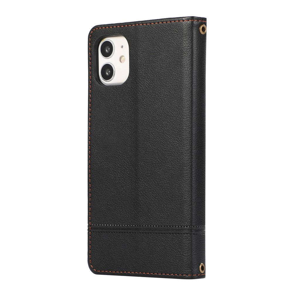 For iPhone 11 Cell Phone Case Lines Imprinted Built-in Mirror Anti-drop Leather Cover with 2 Straps