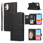 For iPhone 11 Cell Phone Case Lines Imprinted Built-in Mirror Anti-drop Leather Cover with 2 Straps