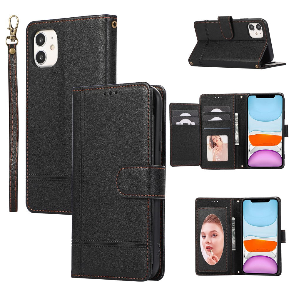For iPhone 11 Cell Phone Case Lines Imprinted Built-in Mirror Anti-drop Leather Cover with 2 Straps