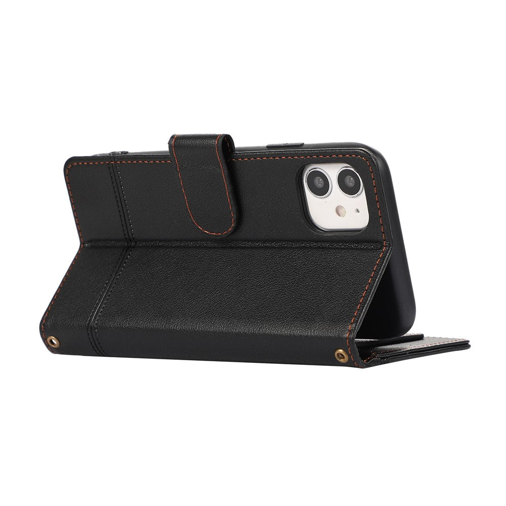 For iPhone 11 Cell Phone Case Lines Imprinted Built-in Mirror Anti-drop Leather Cover with 2 Straps