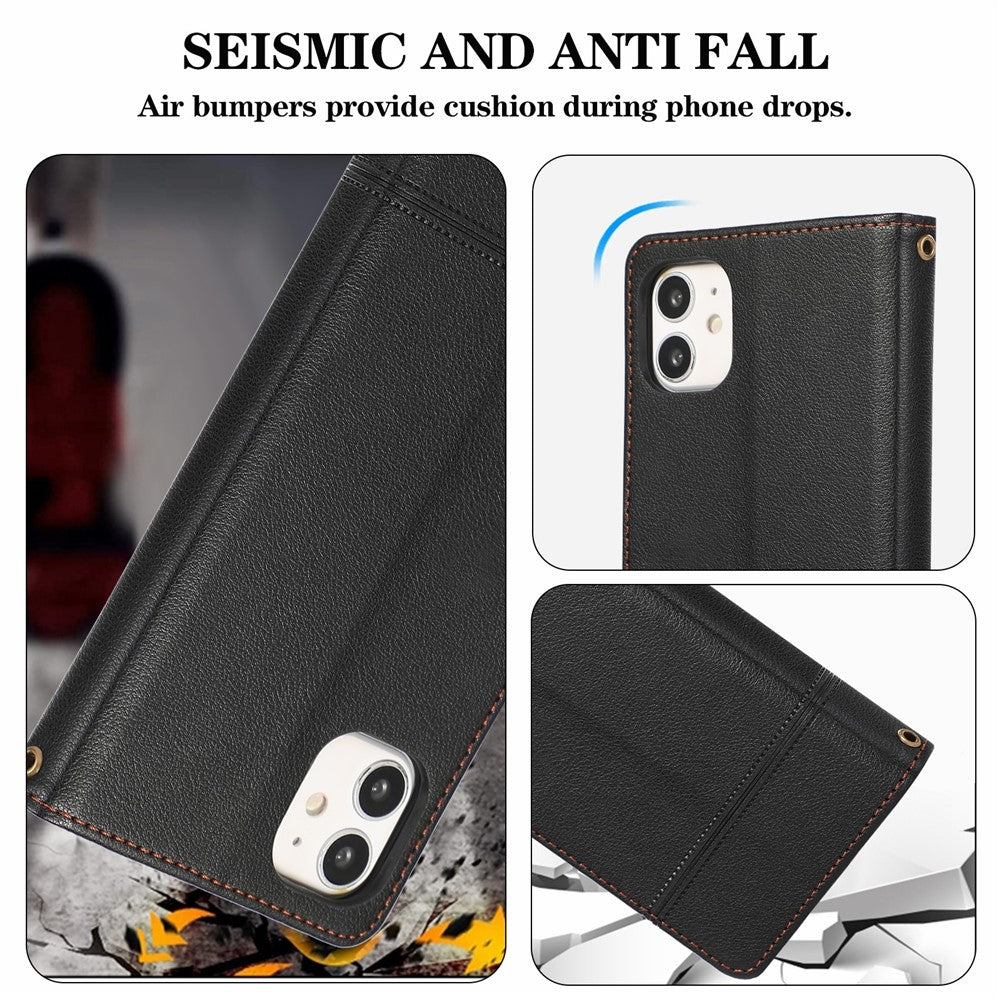 For iPhone 11 Cell Phone Case Lines Imprinted Built-in Mirror Anti-drop Leather Cover with 2 Straps