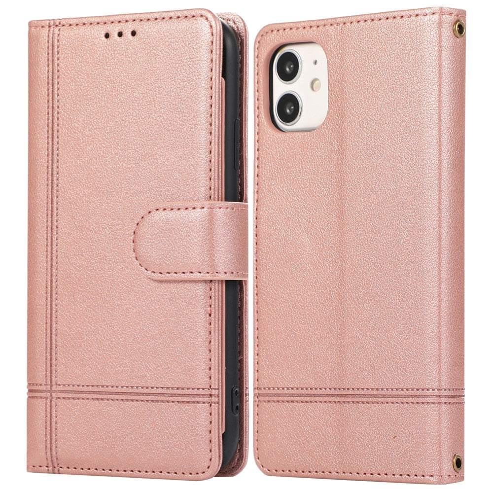 For iPhone 11 Cell Phone Case Lines Imprinted Built-in Mirror Anti-drop Leather Cover with 2 Straps