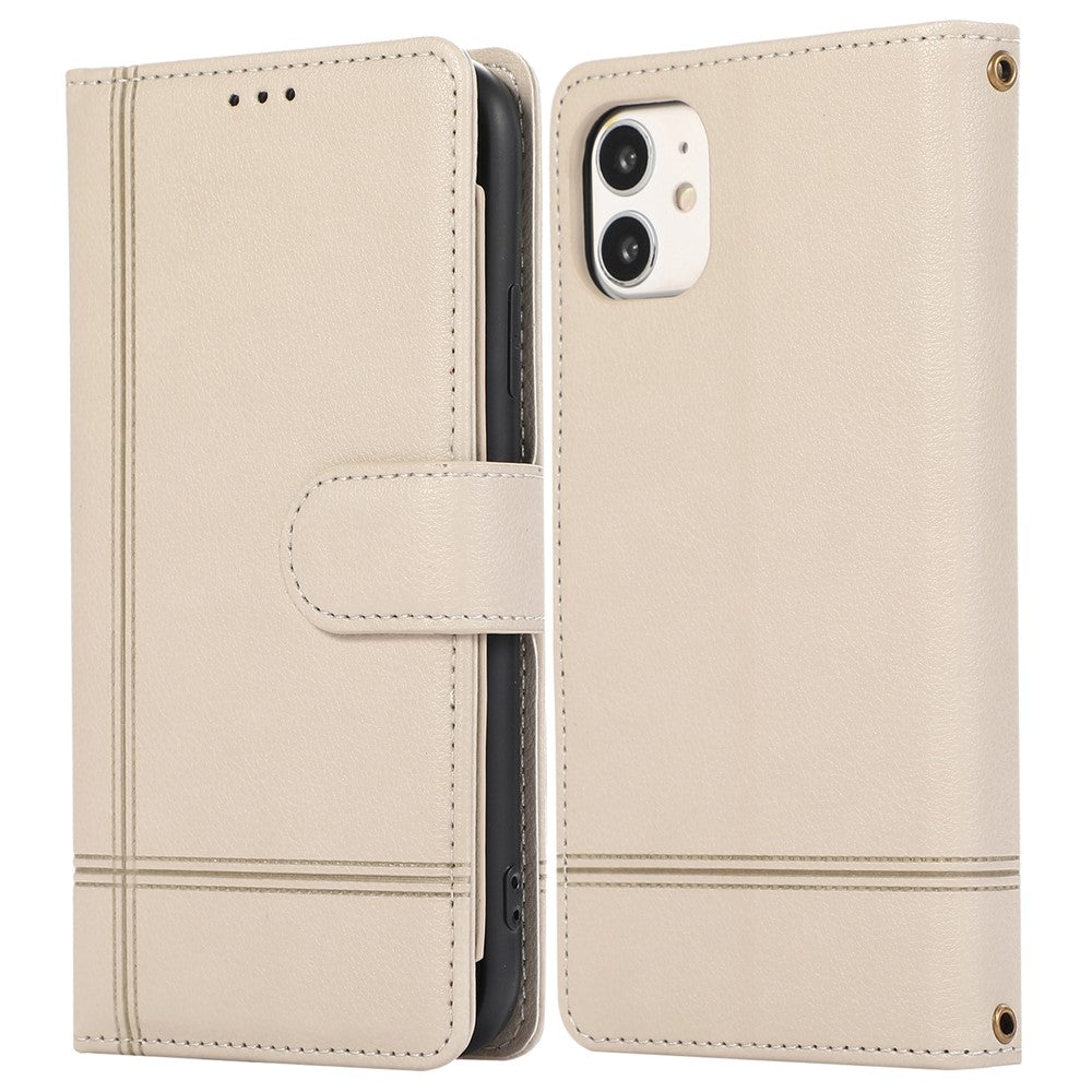 For iPhone 11 Cell Phone Case Lines Imprinted Built-in Mirror Anti-drop Leather Cover with 2 Straps