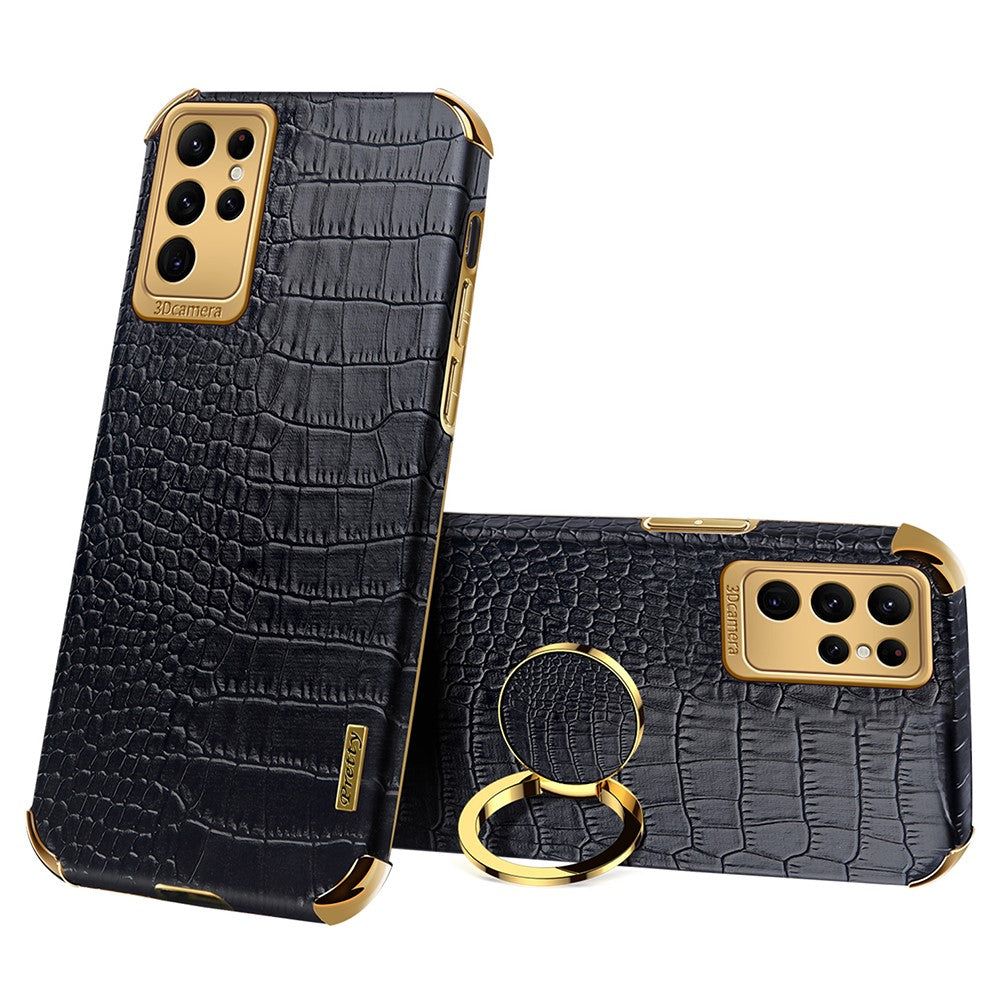 For Samsung Galaxy S24 Ultra Cell Phone Case Crocodile Texture Ring Kickstand Leather+TPU Cover