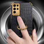 For Samsung Galaxy S24 Ultra Cell Phone Case Crocodile Texture Ring Kickstand Leather+TPU Cover