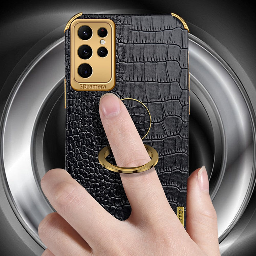 For Samsung Galaxy S24 Ultra Cell Phone Case Crocodile Texture Ring Kickstand Leather+TPU Cover