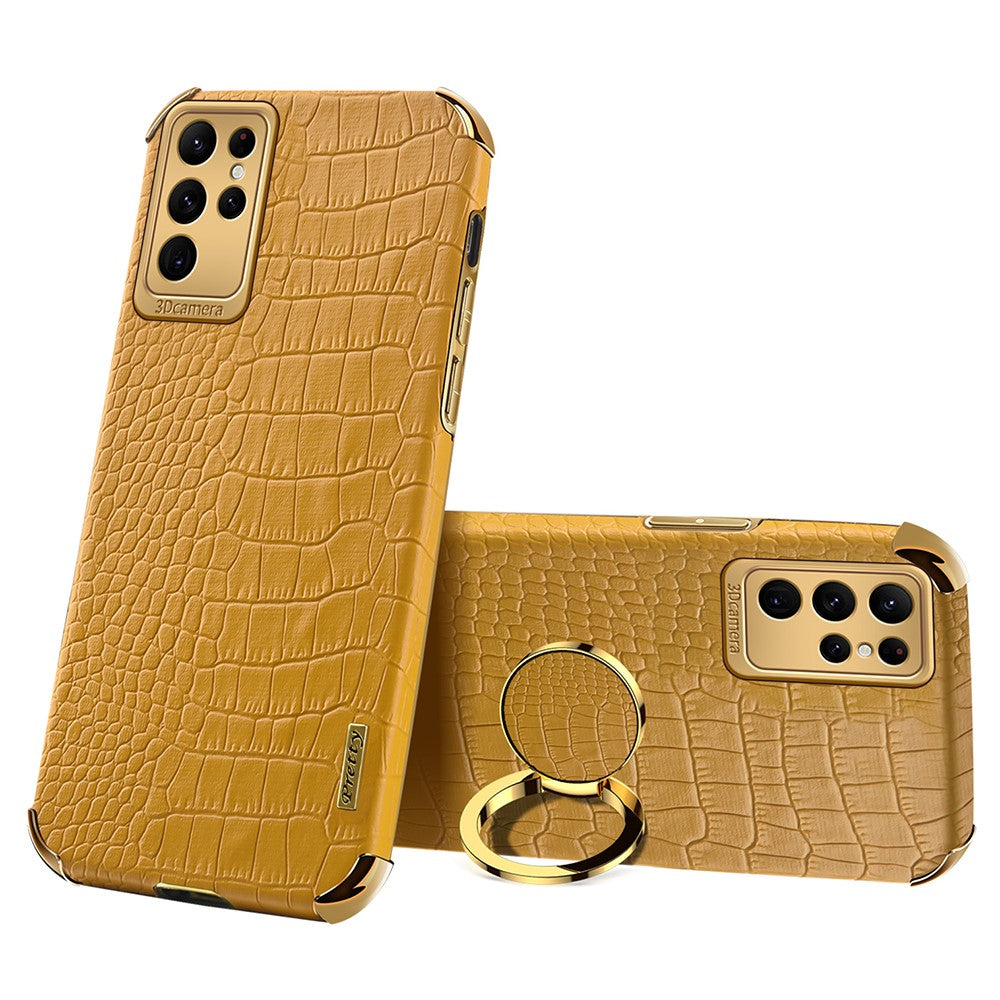 For Samsung Galaxy S24 Ultra Cell Phone Case Crocodile Texture Ring Kickstand Leather+TPU Cover